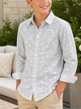 TFW- NWOT Boys Gray & White Geometric Button Down Shirt Size 12